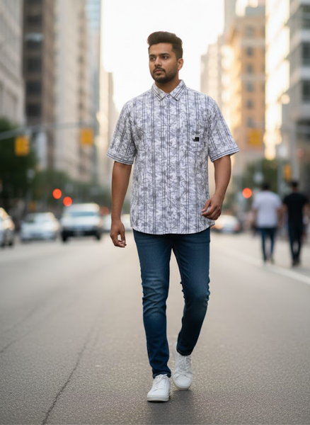 Men’s Grey Abstract Printed Short Sleeve Relaxed Shirt