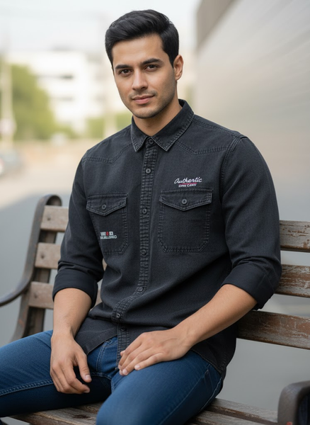 Men’s Black Denim Washed Cotton Shirt