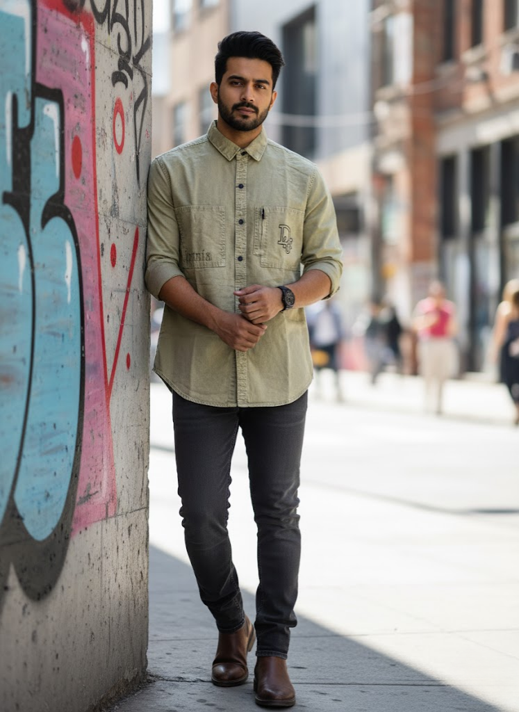 Men’s Olive Green Utility Denim Washed Shirt – Streetwear Edition