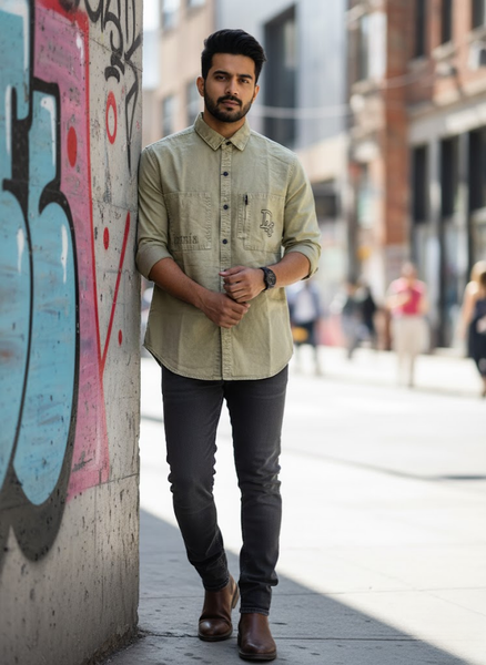 Men’s Olive Green Utility Denim Washed Shirt – Streetwear Edition