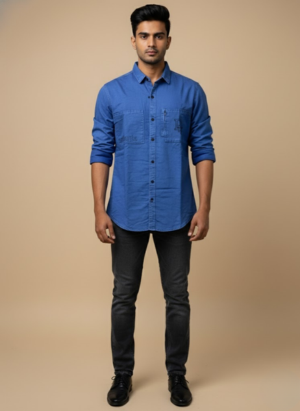Men’s Indigo Blue Utility Denim Washed Shirt – Bold Classic Edition