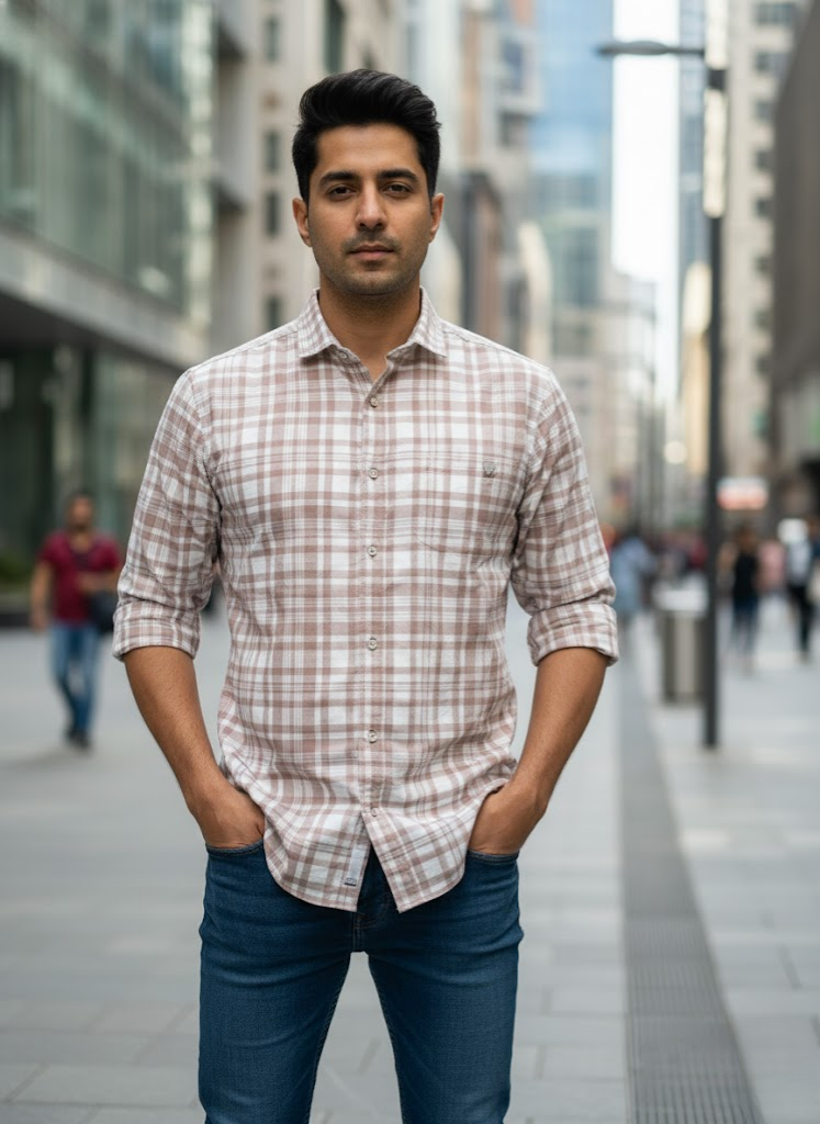 Men’s Light Brown Lycra Check Shirt – Street Casual Edition