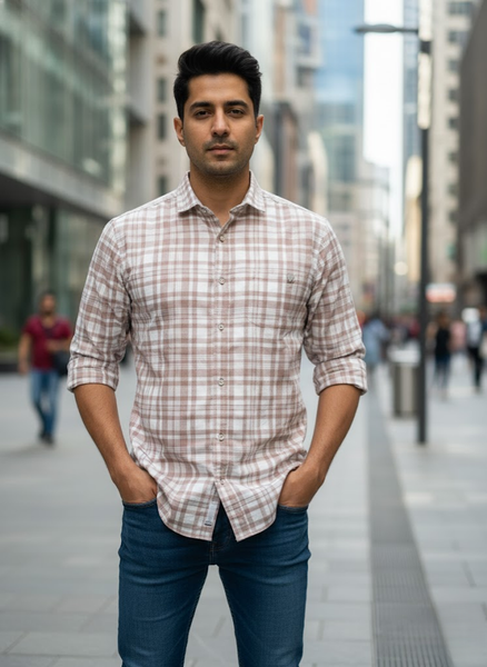 Men’s Light Brown Lycra Check Shirt – Street Casual Edition
