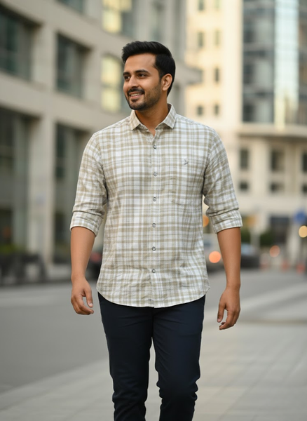 Men’s Beige Lycra Check Shirt – Everyday Café Edition