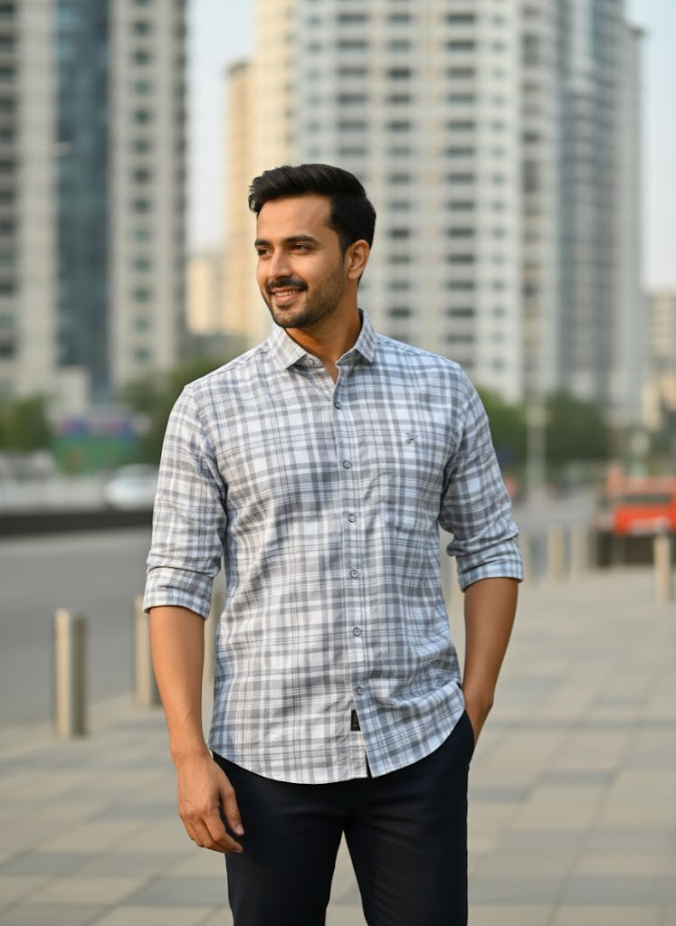 Men’s Grey Lycra Check Shirt – Modern Work Casual Edition