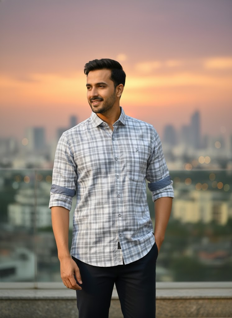 Men’s Grey Lycra Check Shirt – Modern Work Casual Edition