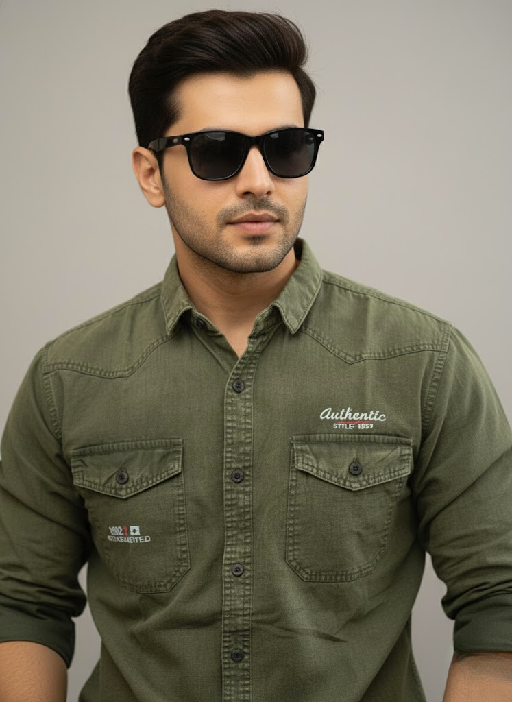 Men’s Olive Green Denim washed Shirt