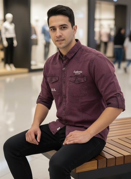 Men’s Maroon Denim Washed Cotton Shirt