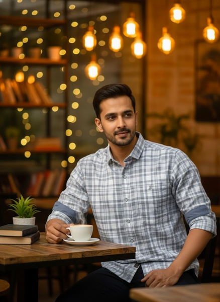 Men’s Grey Lycra Check Shirt – Modern Work Casual Edition