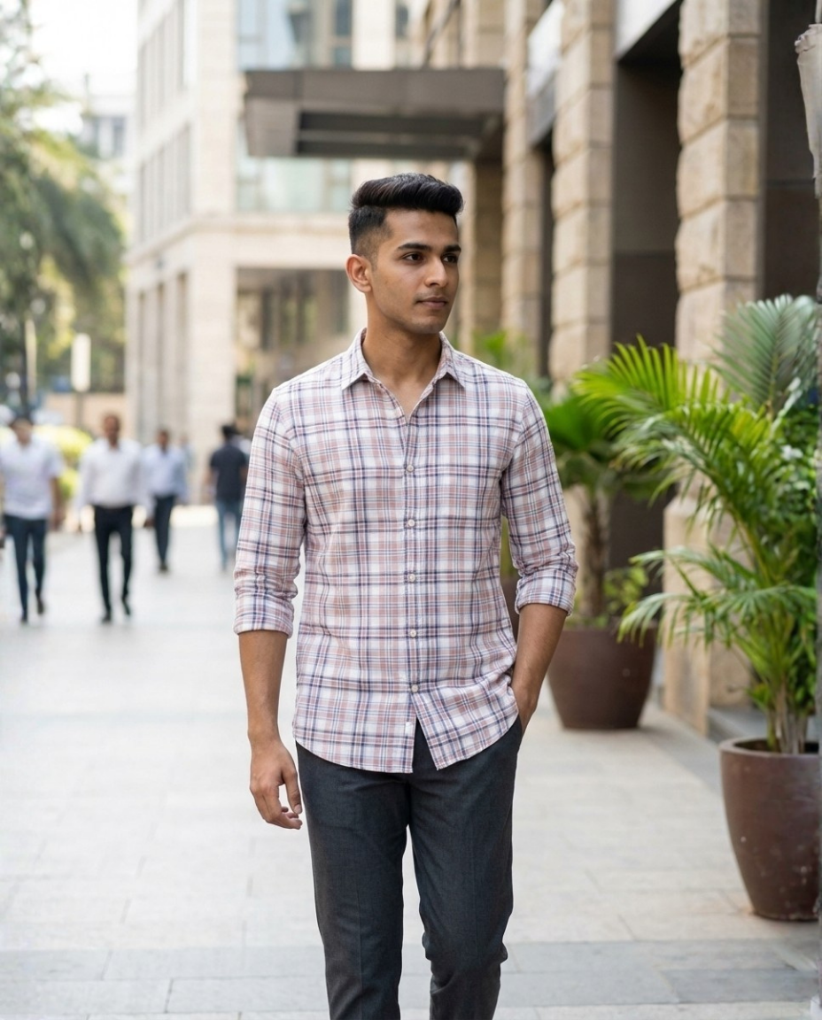 Men’s Beige Plaid Shirt – Premium Checked Shirt with Tailored Finish