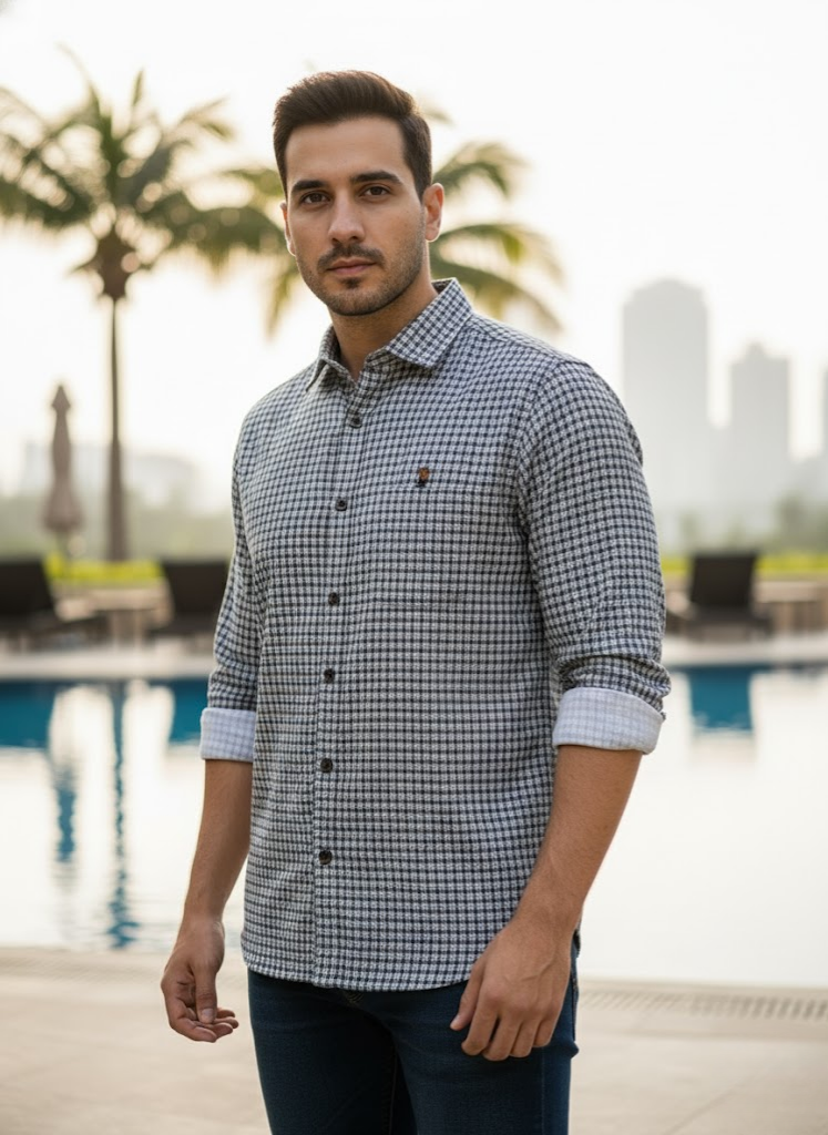 Men’s White Grey Micro Check Shirt – Premium Resort Edition