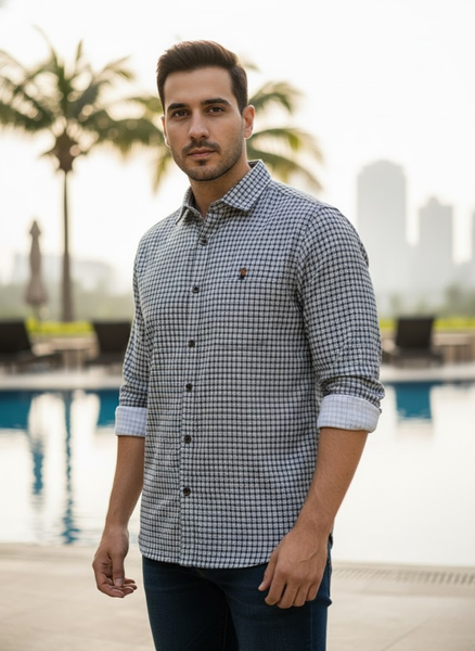 Men’s White Grey Micro Check Shirt – Premium Resort Edition