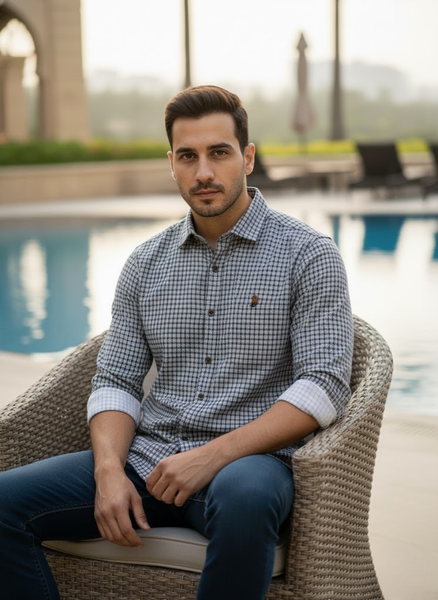 Men’s White Grey Micro Check Shirt – Premium Resort Edition