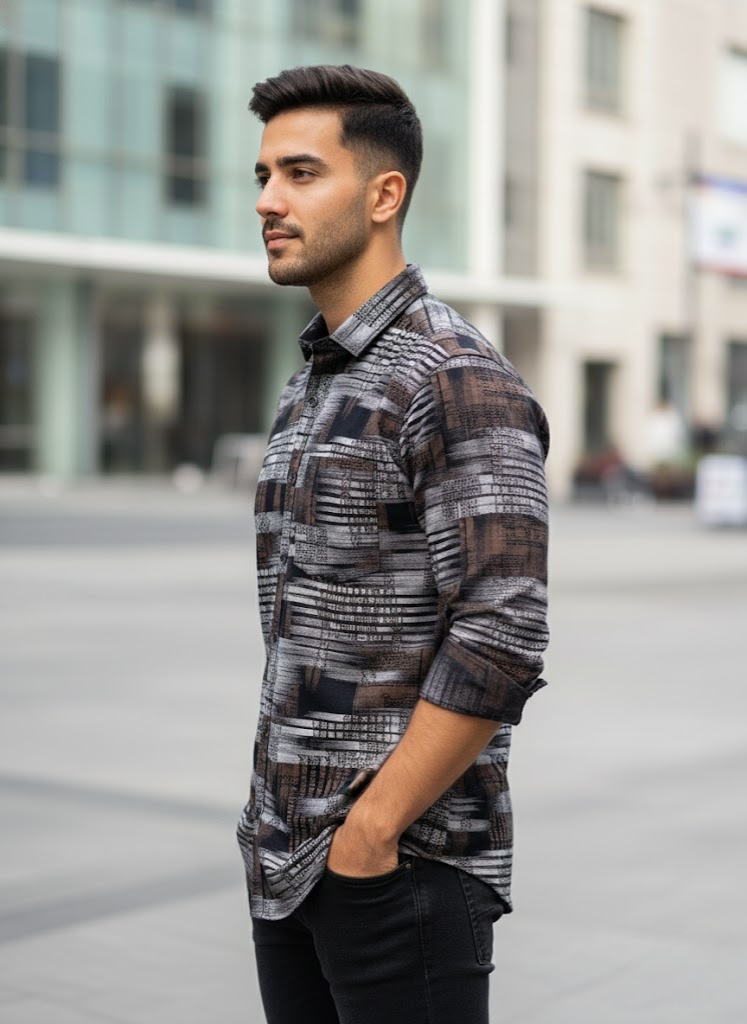 Urban Matrix Printed Cotton Shirt – Charcoal Brown Edition