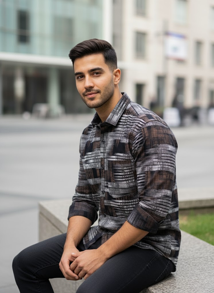 Urban Matrix Printed Cotton Shirt – Charcoal Brown Edition