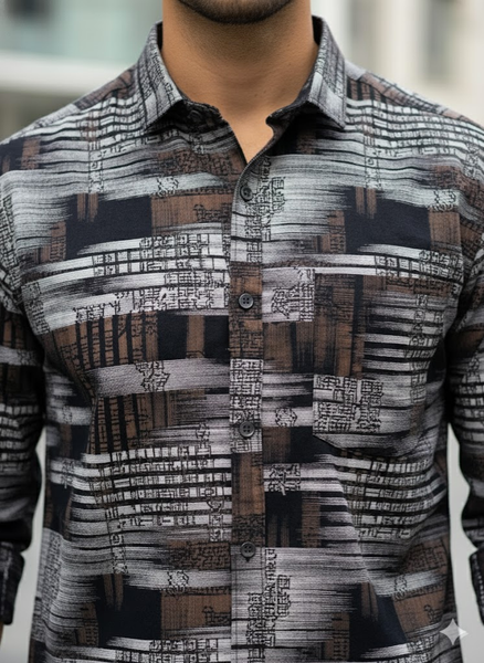 Urban Matrix Printed Cotton Shirt – Charcoal Brown Edition