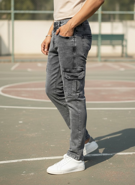 Ash Grey Stretch Washed Cargo Jeans – Urban Street Fit