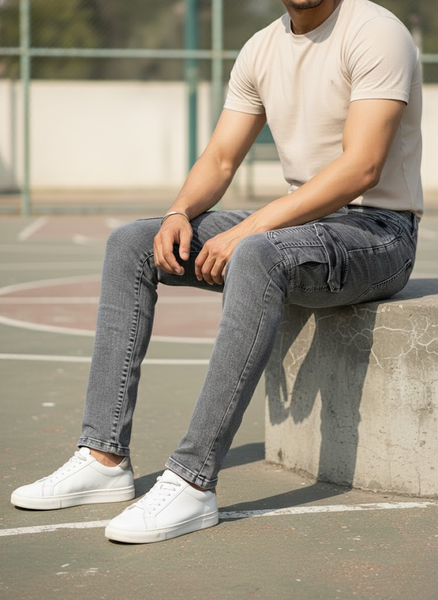 Ash Grey Stretch Washed Cargo Jeans – Urban Street Fit