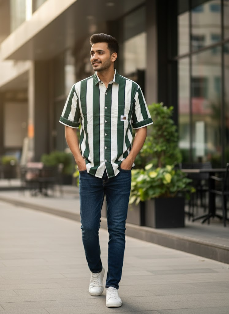 Forest Bold Striped Cotton Shirt – Classic Green Edition