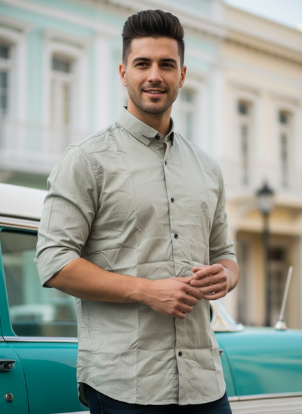 Men’s Elegant Olive Green Solid Striped Shirt