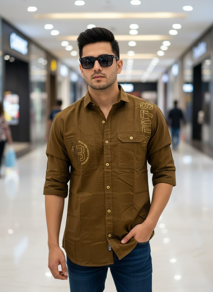 Men’s Double Pocket Brown Cotton Stylish Casual Shirt