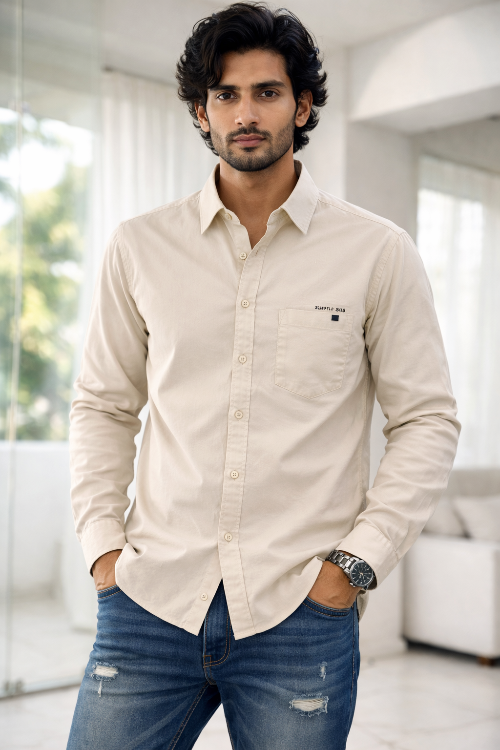 Men’s Light Beige Cotton Slim Fit Casual Shirt
