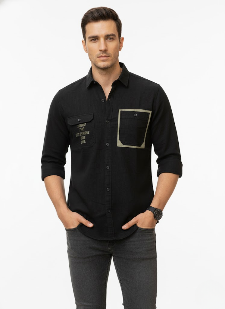 Men’s Black Shirt with Olive Green Pocket