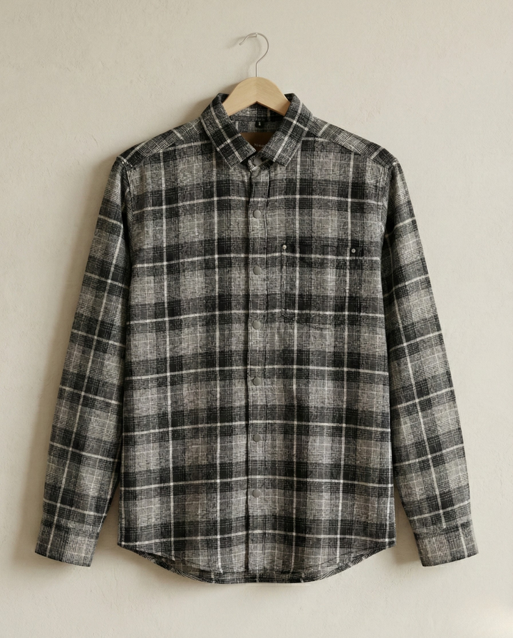 Men’s Graphite Grey Checked Shirt with Minimal Detailing | Premium Everyday Essential