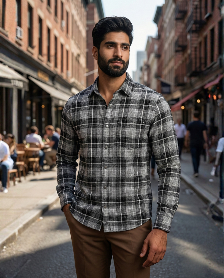 Men’s Graphite Grey Checked Shirt with Minimal Detailing | Premium Everyday Essential