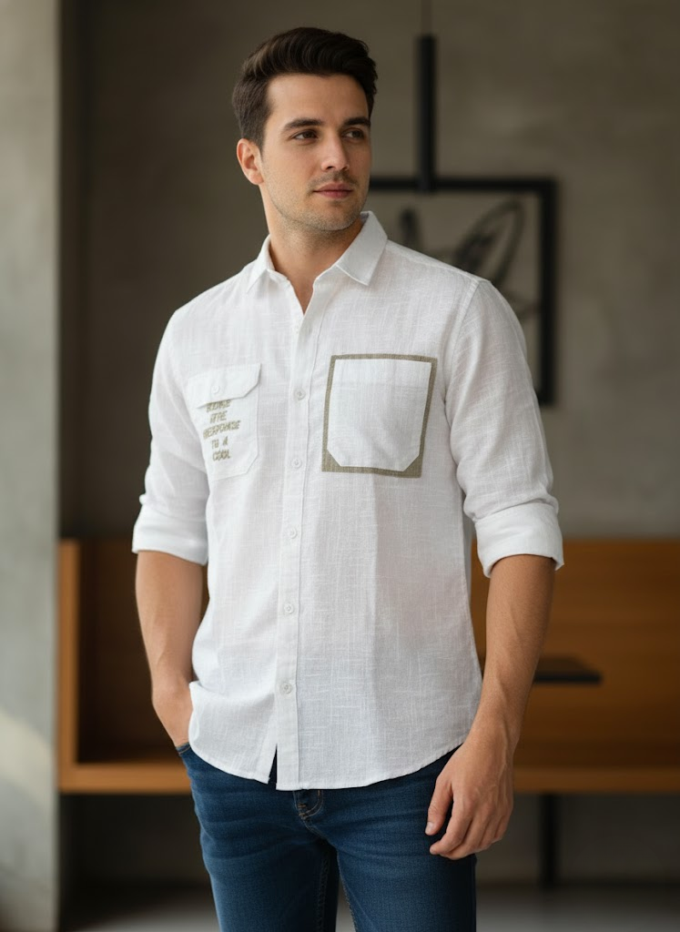 Men’s White Cotton Shirt with Beige Pocket