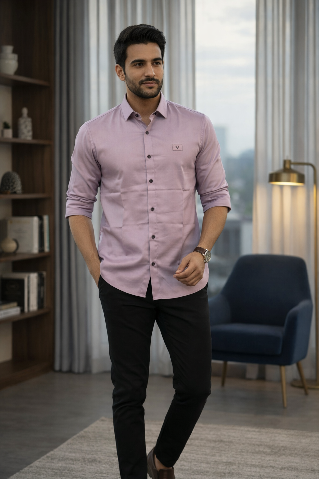 Men’s Blush Pink Satin Shirt with Contemporary Slim Fit