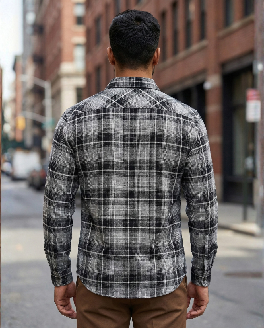 Men’s Graphite Grey Checked Shirt with Minimal Detailing | Premium Everyday Essential