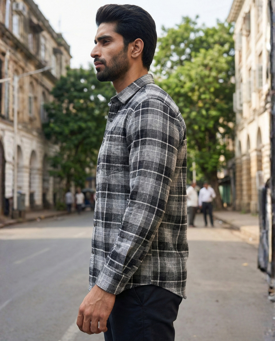 Men’s Graphite Grey Checked Shirt with Minimal Detailing | Premium Everyday Essential