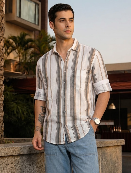 Men's Beige Vertical Stripe Cotton Linen Shirt - Summer Fit