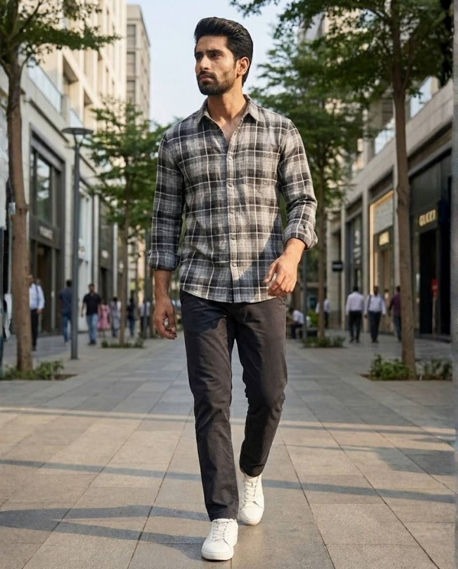 Men’s Graphite Grey Checked Shirt with Minimal Detailing | Premium Everyday Essential
