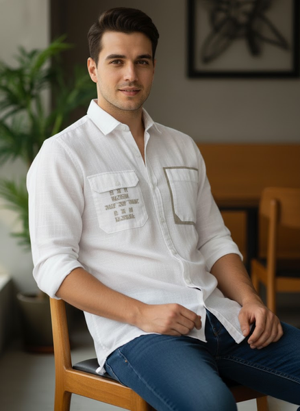Men’s White Cotton Shirt with Beige Pocket