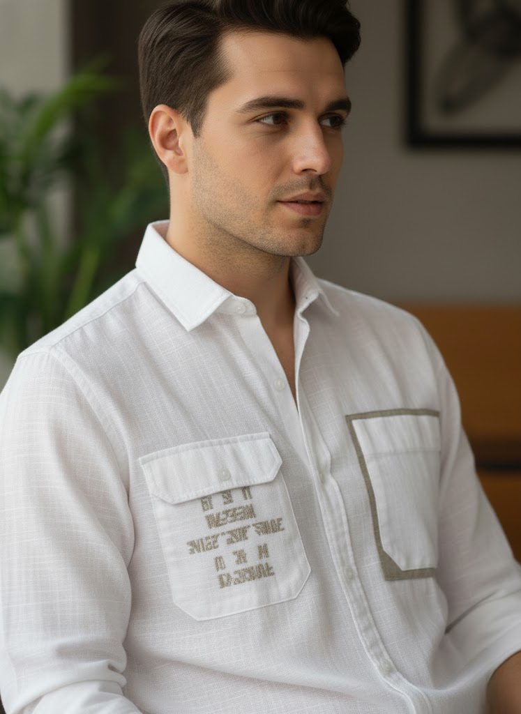 Men’s White Cotton Shirt with Beige Pocket