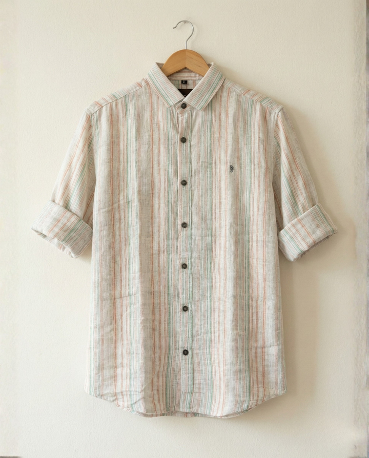 Men’s Off-White Natural Cotton Vertical Stripe Shirt with Pastel Accents | Premium Casual Essential