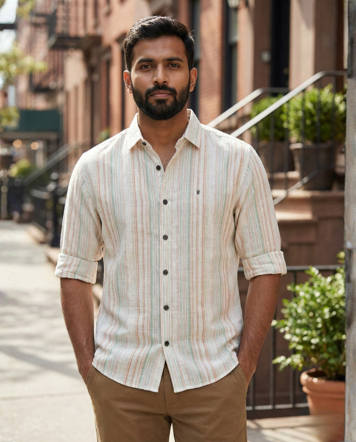 Men’s Off-White Natural Cotton Vertical Stripe Shirt with Pastel Accents | Premium Casual Essential