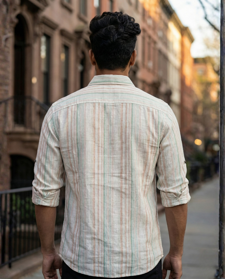 Men’s Off-White Natural Cotton Vertical Stripe Shirt with Pastel Accents | Premium Casual Essential