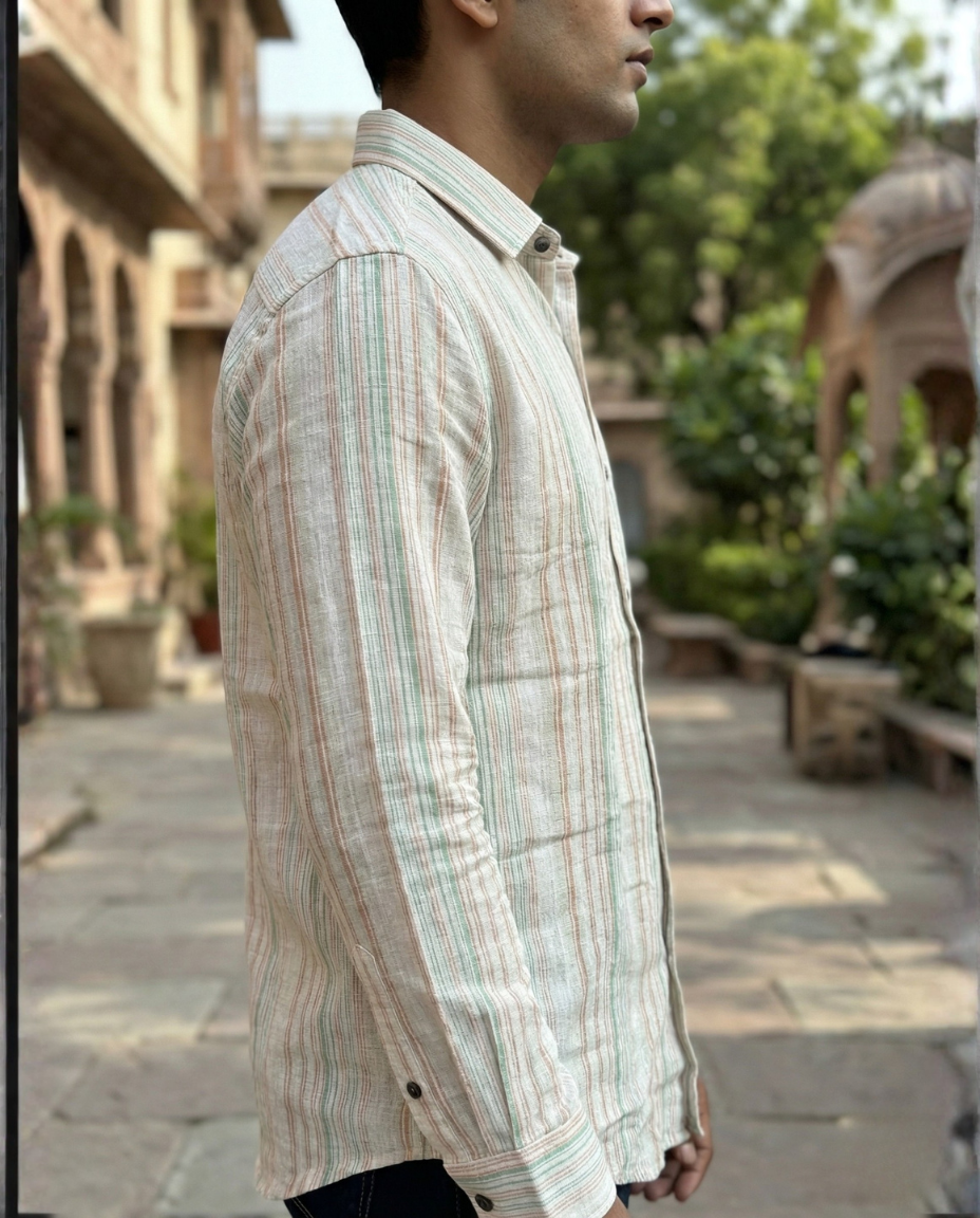 Men’s Off-White Natural Cotton Vertical Stripe Shirt with Pastel Accents | Premium Casual Essential