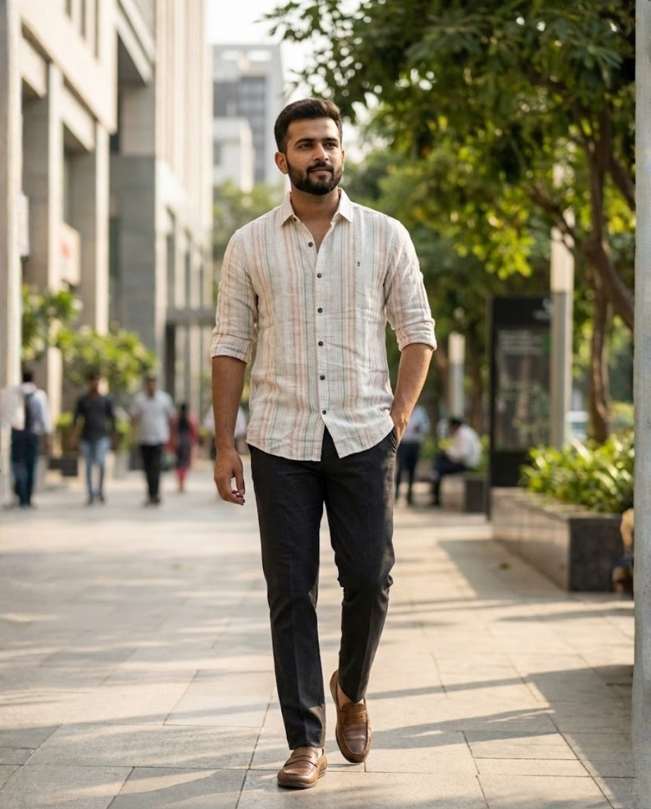 Men’s Off-White Natural Cotton Vertical Stripe Shirt with Pastel Accents | Premium Casual Essential