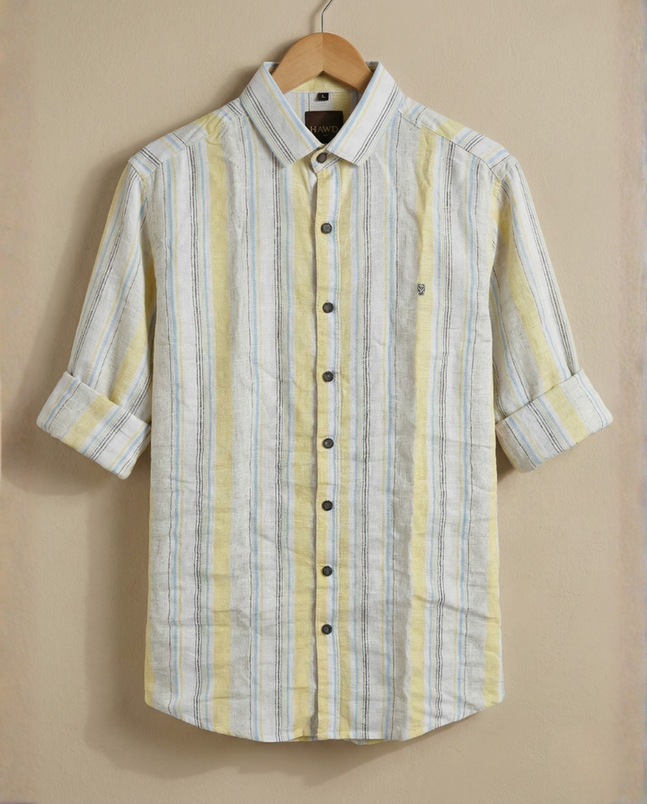 Men’s Soft Yellow Natural Cotton Vertical Stripe Shirt with Subtle Contrast | Premium Casual Wear