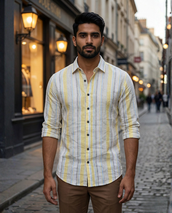 Men’s Soft Yellow Natural Cotton Vertical Stripe Shirt with Subtle Contrast | Premium Casual Wear