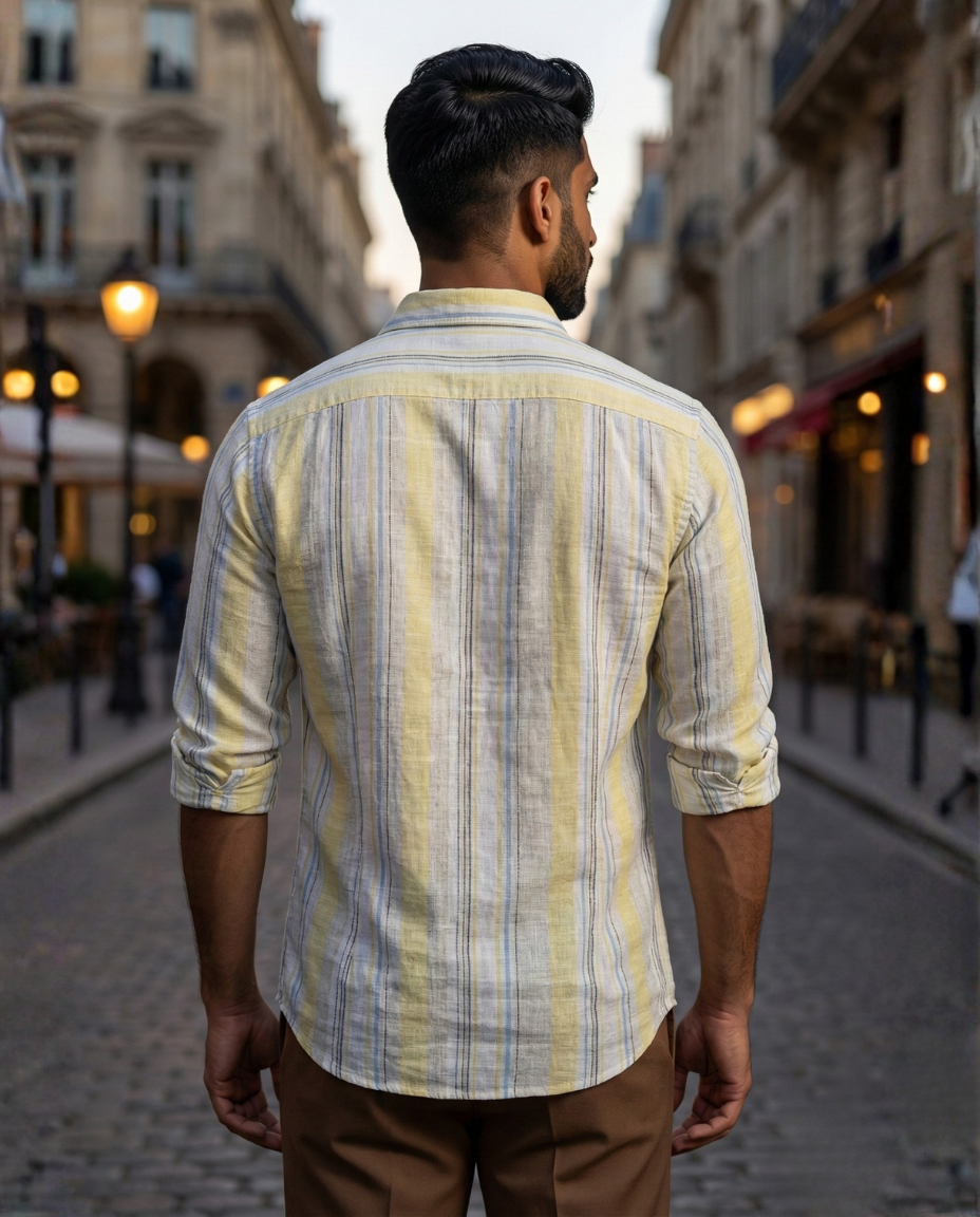 Men’s Soft Yellow Natural Cotton Vertical Stripe Shirt with Subtle Contrast | Premium Casual Wear