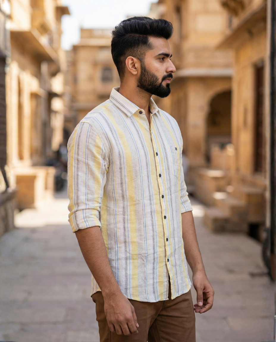 Men’s Soft Yellow Natural Cotton Vertical Stripe Shirt with Subtle Contrast | Premium Casual Wear