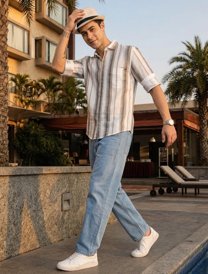 Men’s Beige Cotton Linen Vertical Stripe Summer Fit Shirt