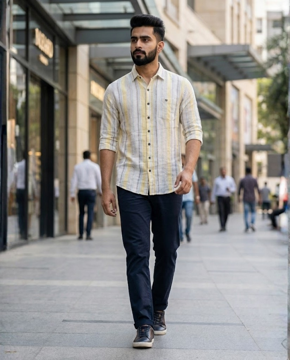 Men’s Soft Yellow Natural Cotton Vertical Stripe Shirt with Subtle Contrast | Premium Casual Wear