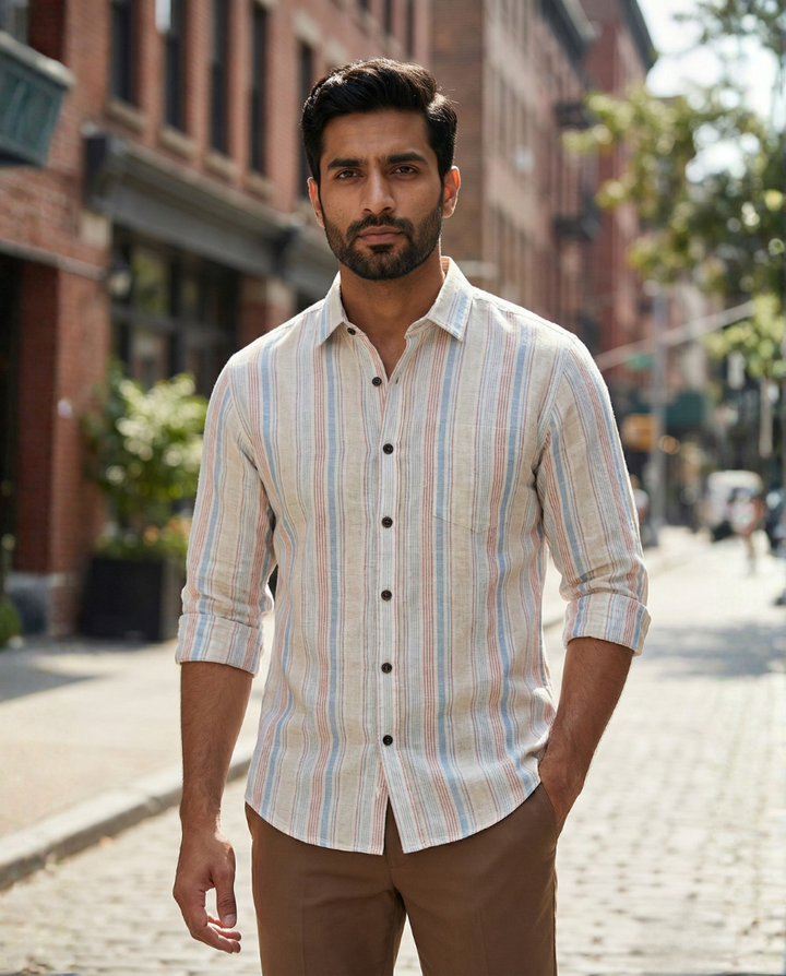 Men’s Pastel Natural Cotton Vertical Stripe Shirt with Soft Color Accents | Premium Everyday Style