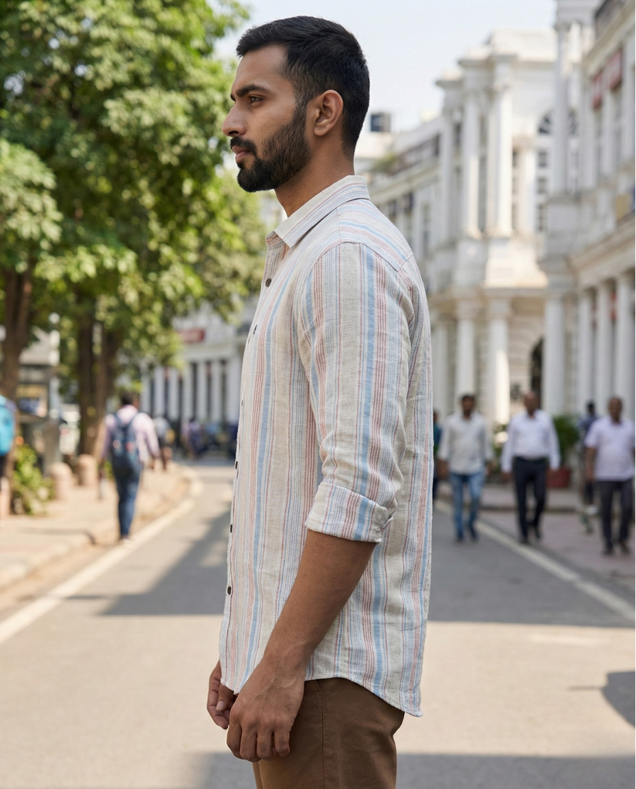Men’s Pastel Natural Cotton Vertical Stripe Shirt with Soft Color Accents | Premium Everyday Style